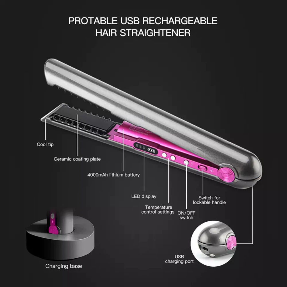 Wireless Hair Straightener with Charging Base Flat Iron Mini 2 in 1 Roller USB 4800Mah Portable Cordless Curler Dry and Wet Uses