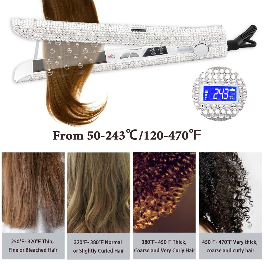 Titanium Rhinestone Flat Iron Professional Hair Straightener White Hand Made Crystal Straightening Irons High Heat 470 Degrees