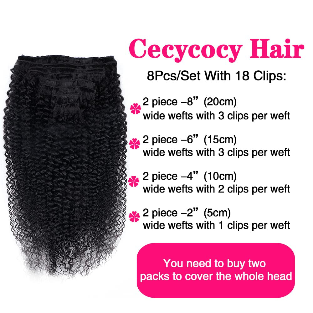 Cecycocy Kinky Curly Clip in Hair Extensions Human Hair for Black Women - 8Pcs 18Clips Double Weft Brazilian Remy Human Hair 3C 4A Clip in Extensions Thick to Ends 120G/4.2Oz Natural Black (24 Inch)