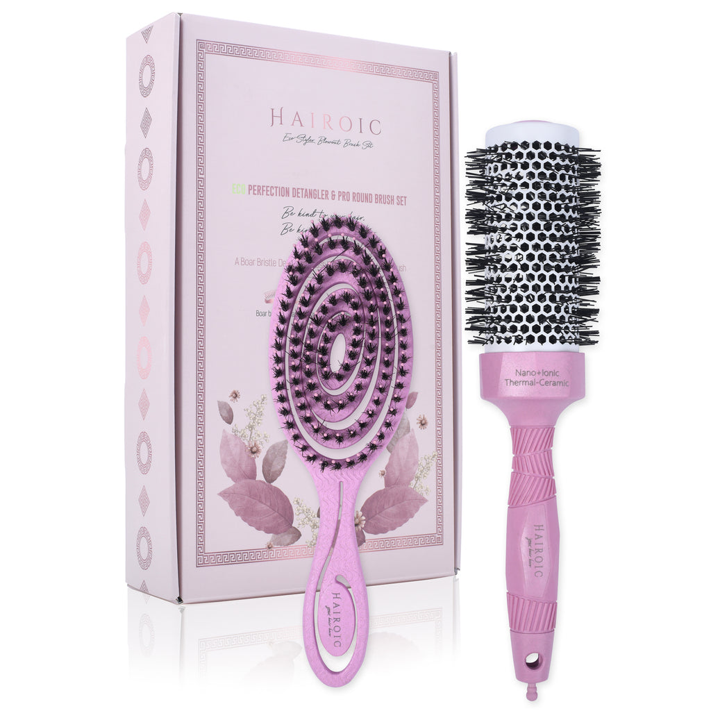 Hair Detangling Brush Set |Boar Bristle Brush and Ionic Tourmaline Ceramic 44mm Round brush Set,HAIROIC