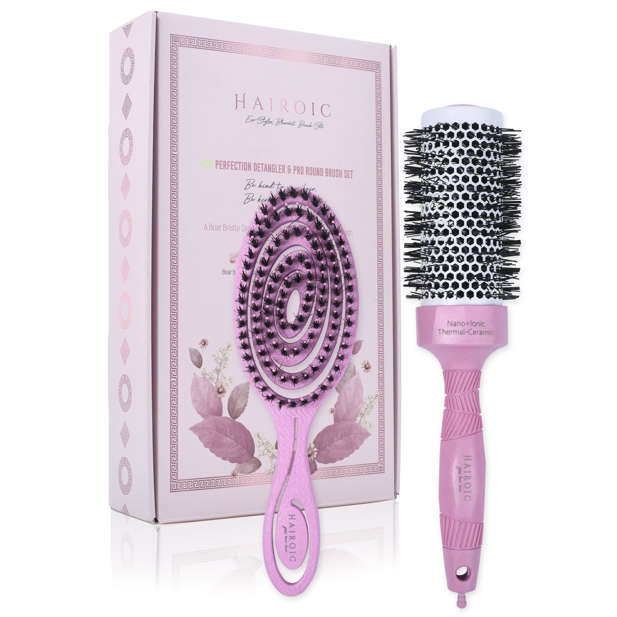 Hair Detangling Brush Set |Boar Bristle Brush and Ionic Tourmaline Ceramic 44mm Round brush Set,HAIROIC