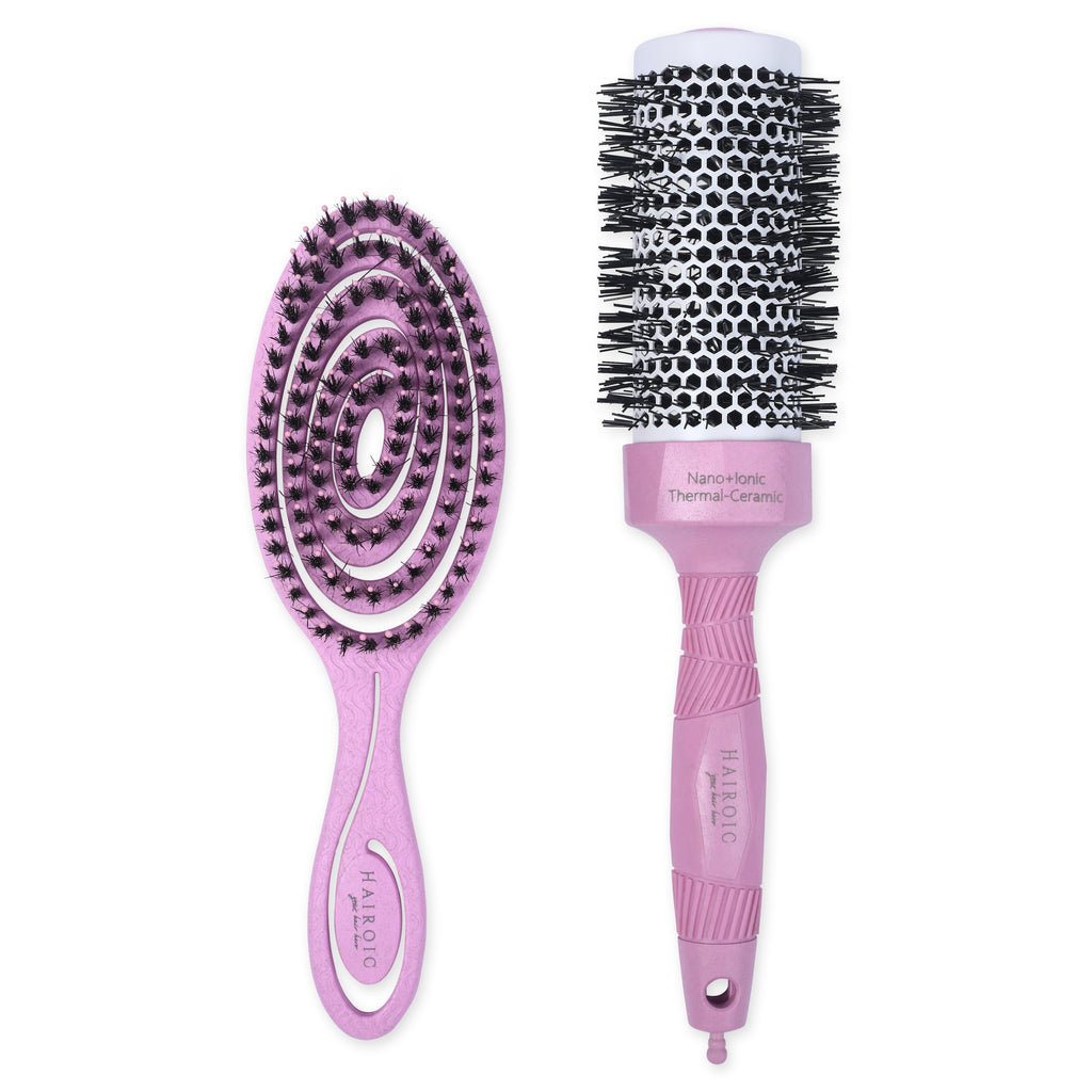 Hair Detangling Brush Set |Boar Bristle Brush and Ionic Tourmaline Ceramic 44mm Round brush Set,HAIROIC