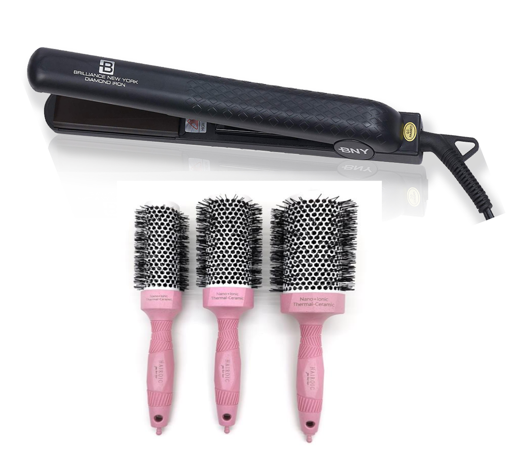 Bundle- 1.25" ceramic flat iron + 3 Salon Ceramic Ionic Blow Dryer Round Brush Set - Brilliance New York Online