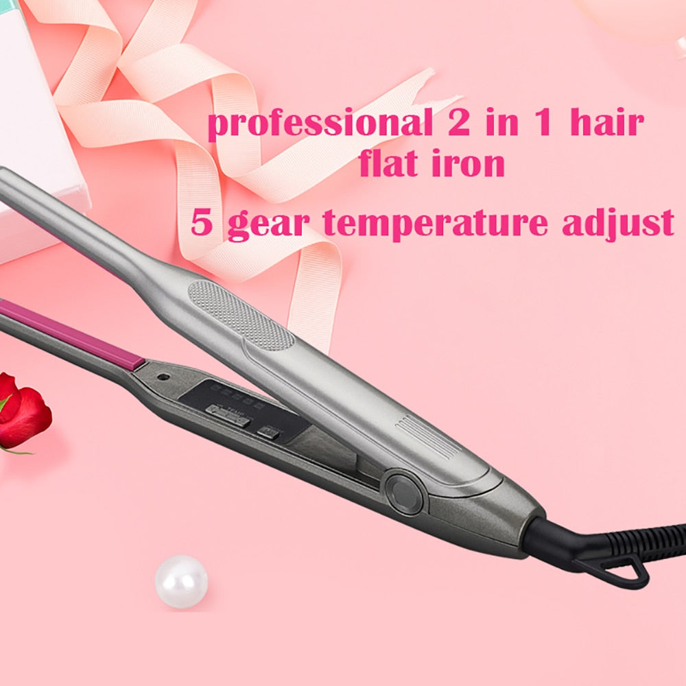 Professional Curling 2 in 1 Flat Iron for Short Hair Wand Kimchi Roll Anti-Scalding LED Ceramic Beard Straightener Styling Tools