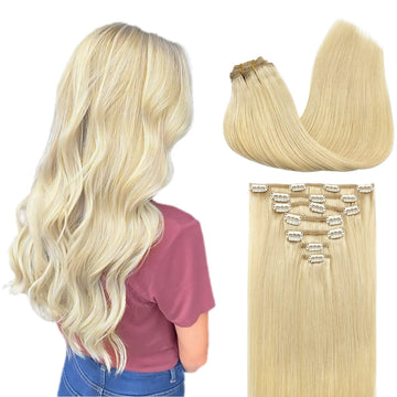 Real Hair Extensions Clip in Human Hair Bleach Blonde 7Pcs  display picture 1