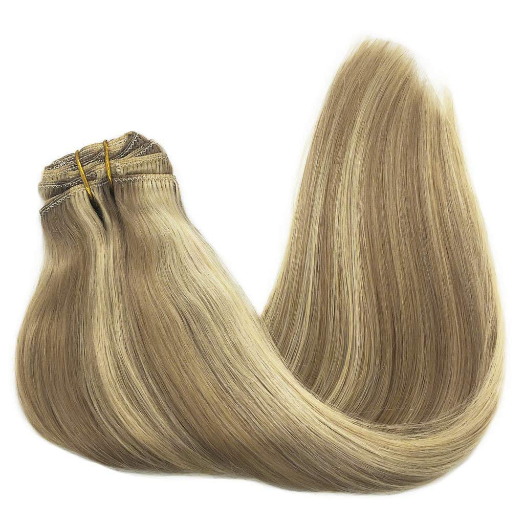 GOO GOO Clip-In Hair Extensions for Women, Soft & Natural, Handmade Real Human Hair Extensions,Light Blonde Highlighted Golden Blonde, Long, Straight #(P16/22) , 7Pcs 120G 18 Inches