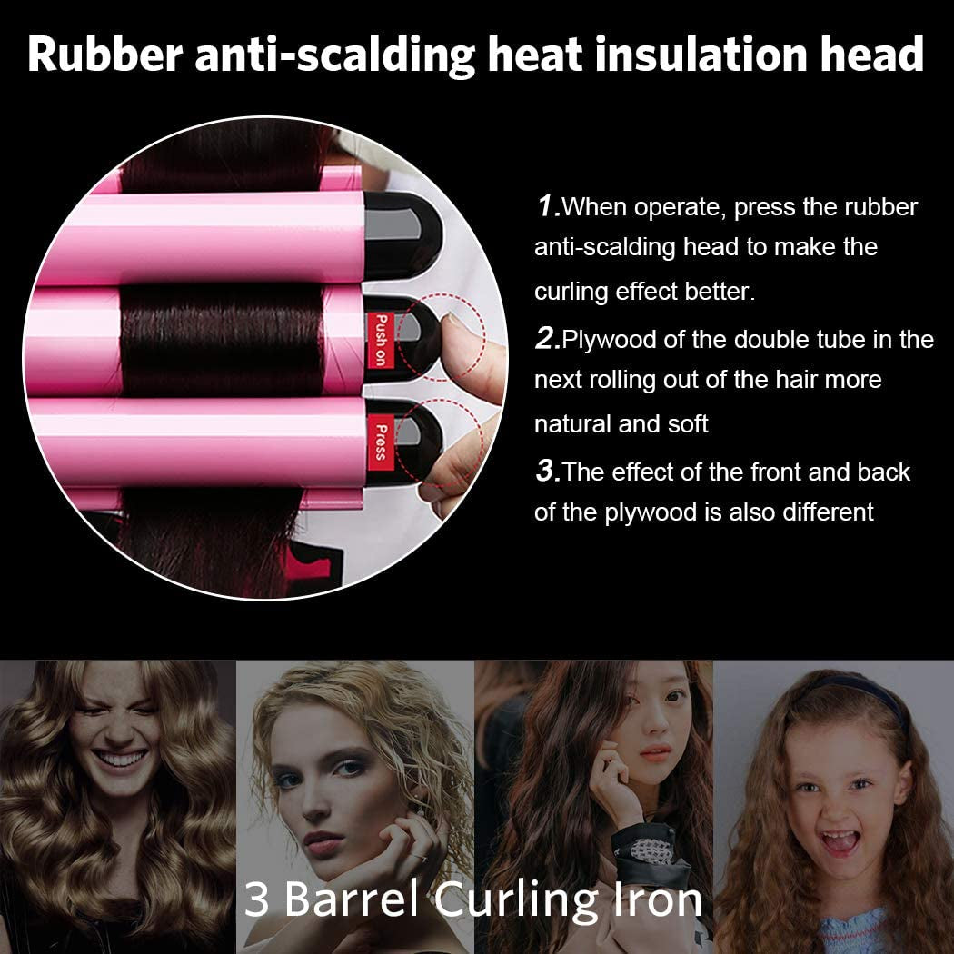 3 Barrel Curling Iron with LCD Temperature Display - 1 Inch Ceramic Tourmaline Triple Barrels, Ceramic Hair Crimper Hair Waver Hair Curlers Hair Curling Wand for Deep Waves Suit for All Style