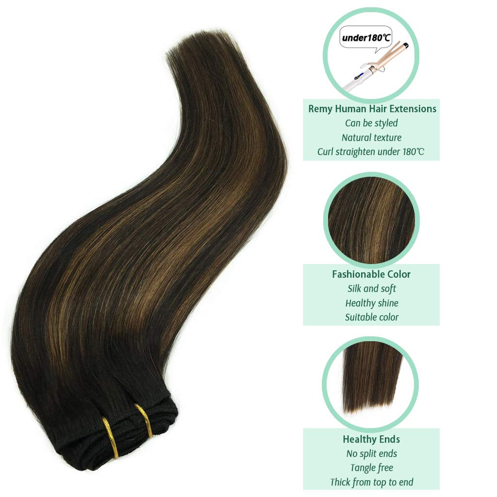 GOO GOO Clip-In Hair Extensions for Women, Soft & Natural, Handmade Real Human Hair Extensions, Natural Black Mixed Chestnut Brown, Straight #(T1B/6)/1B, 7Pcs 120G 20 Inches