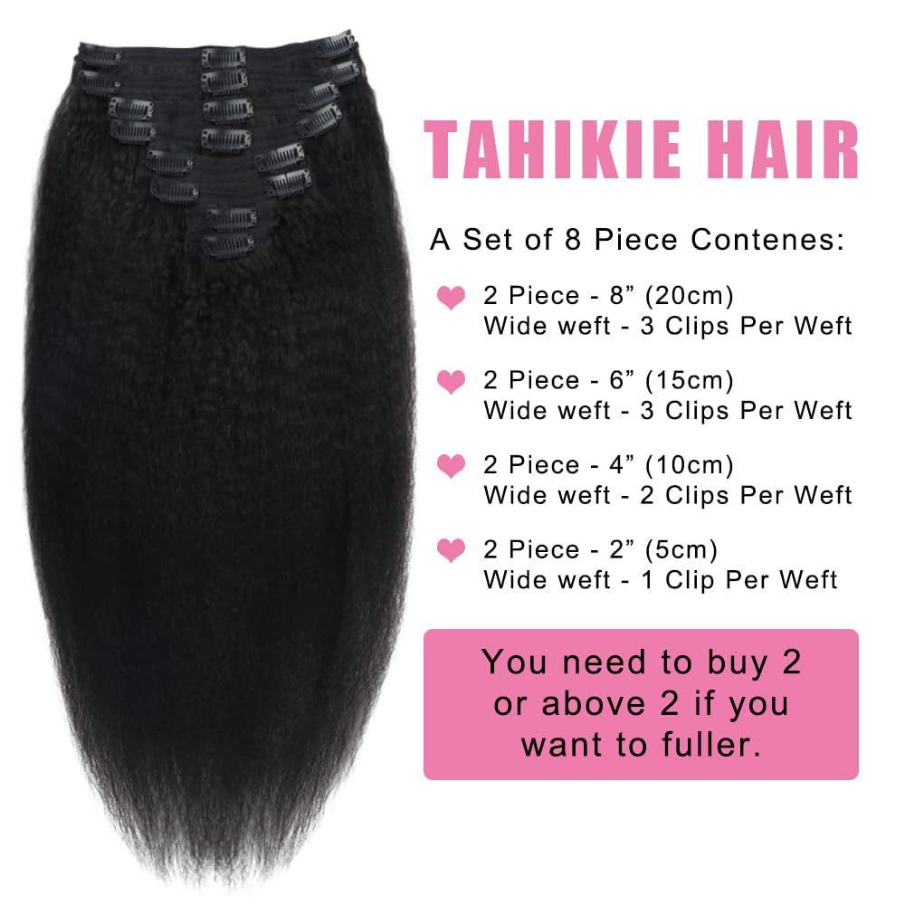 Tahikie Kinky Straight Clip in Hair Extensions Real Human Hair Clip Ins Full Head for Black Women Brazilian Remy Yaki Human Hair Natural Black Color 8 Pcs 18 Clips 120 G(16 Inch, Kinky Straight)