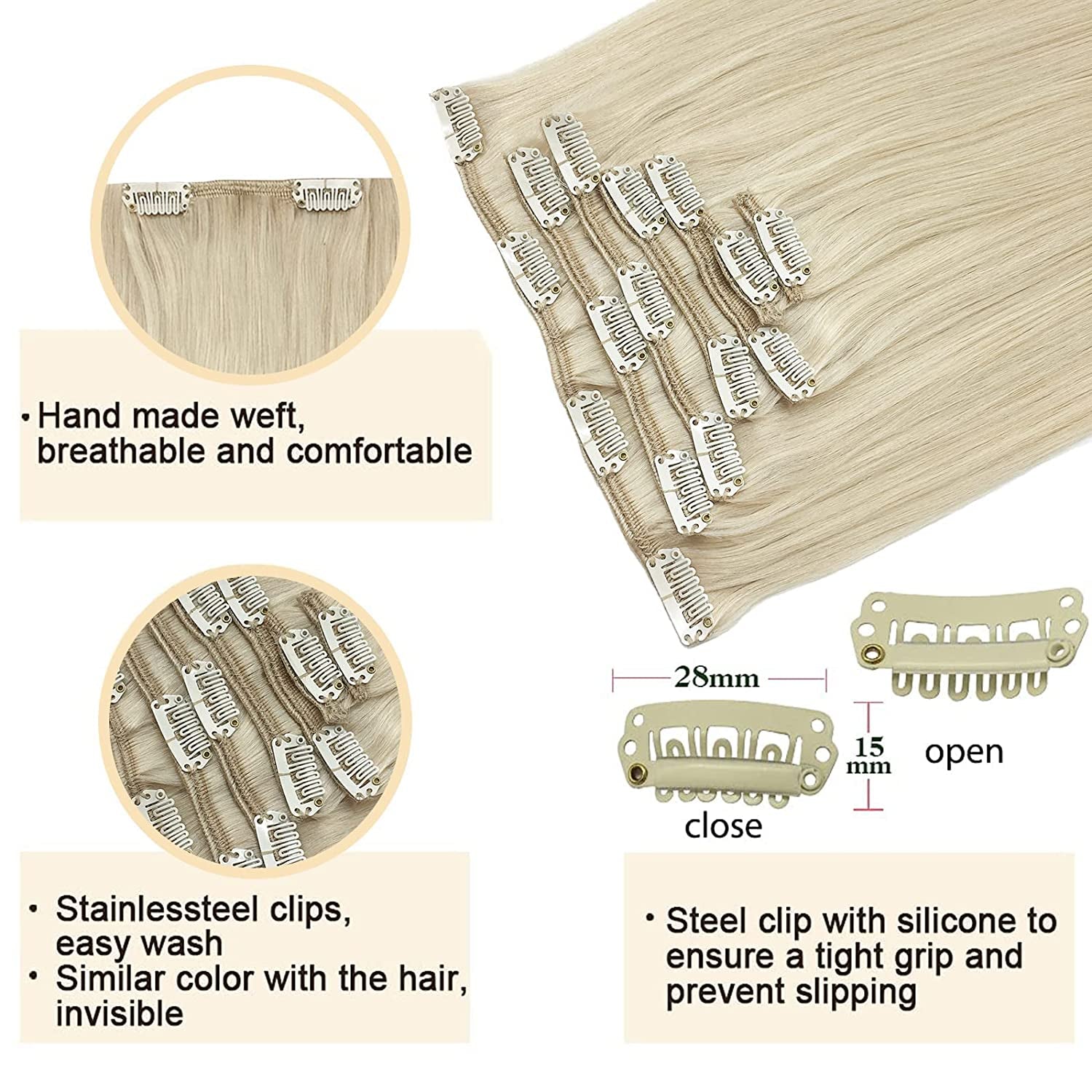 GOO GOO Clip-In Hair Extensions for Women, Soft & Natural, Handmade Real Human Hair Extensions, Platinum Blonde, Long, Straight #60A, 7Pcs 120G 20 Inches