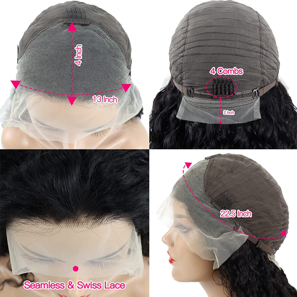 Lace Front Wigs Human Hair Water Wave Wigs for Black Women Human Hair 13X4 Lace Front Wigs Glueless Wigs Pre Plucked with Baby Hair HD Transparent Lace Frontal Wigs Wet and Wavy Brazilian Virgin Wigs Curly Lace Front Wig Natural Color 180% Density 28 Inch