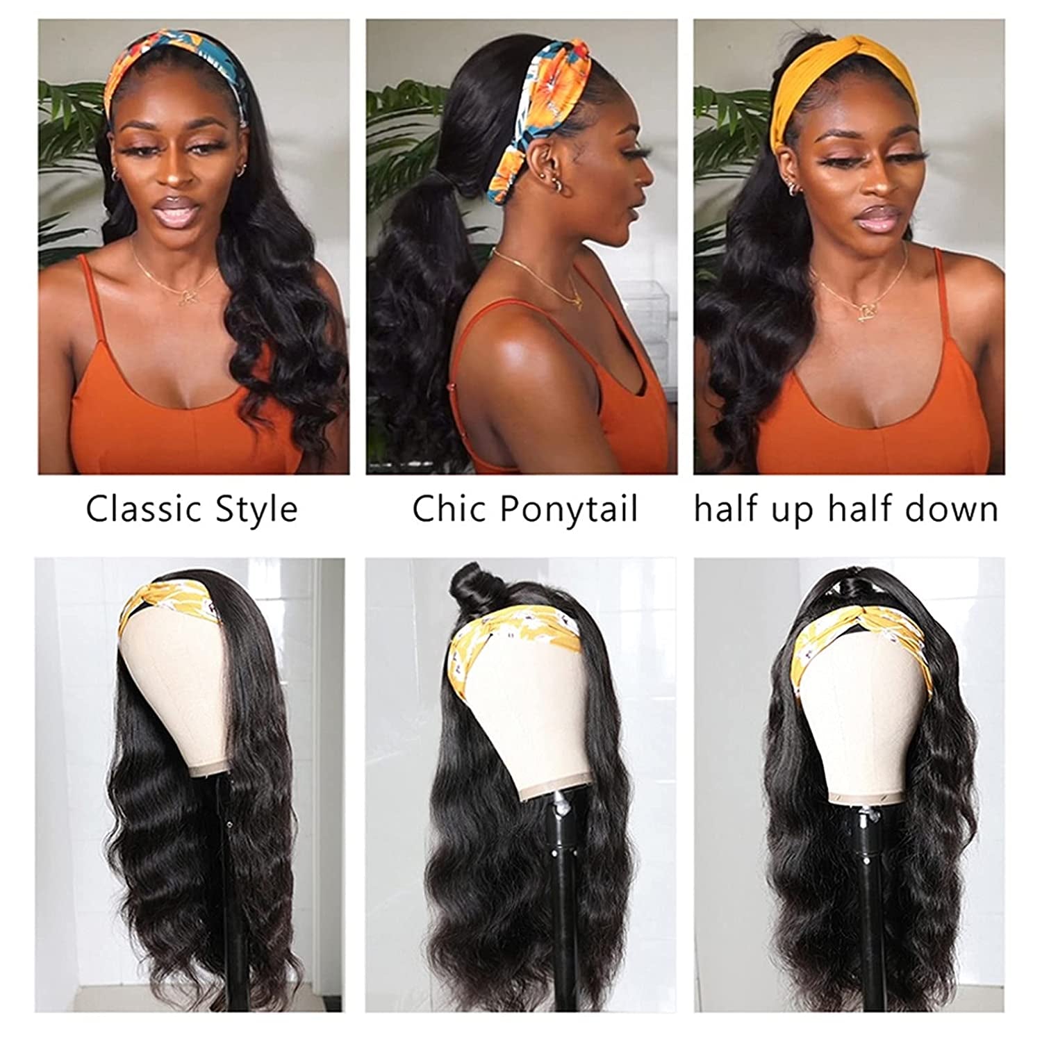 Catti Headband Wigs for Black Women Body Wave Headband Wig Human Hair Wigs Brazilian Virgin Hair Machine Made Wigs Headband Wig 150% Density (18" Headband Wigs)