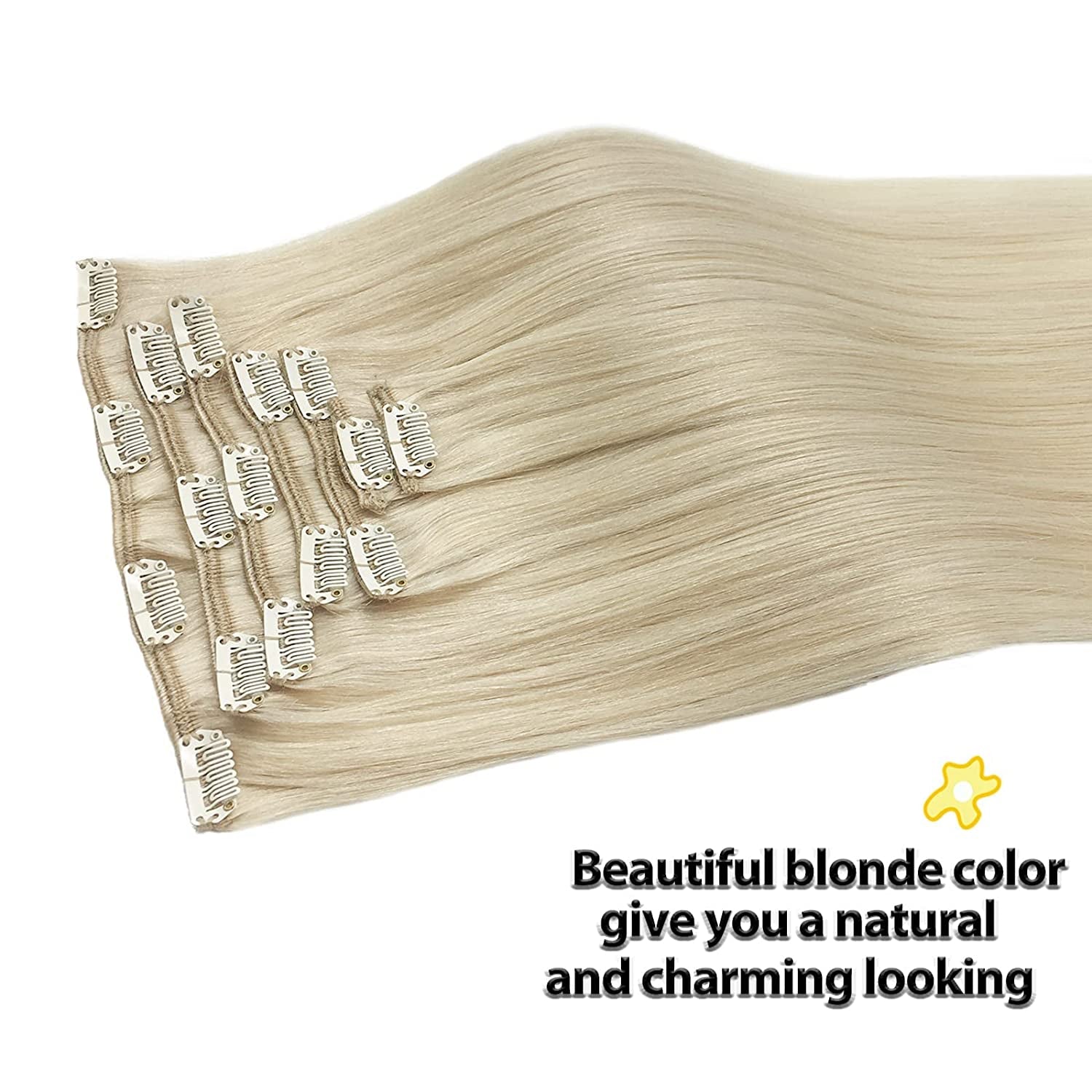 GOO GOO Clip-In Hair Extensions for Women, Soft & Natural, Handmade Real Human Hair Extensions, Platinum Blonde, Long, Straight #60A, 7Pcs 120G 20 Inches