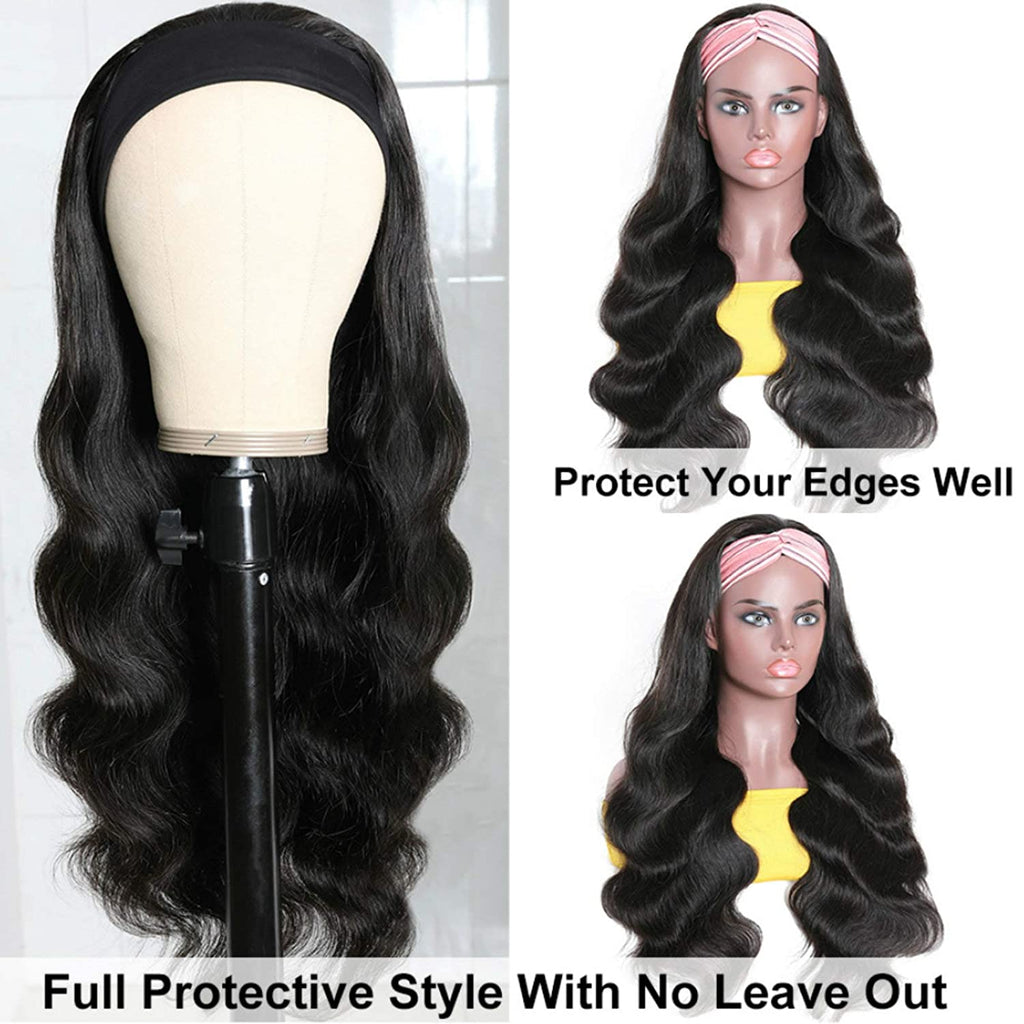 Catti Headband Wigs for Black Women Body Wave Headband Wig Human Hair Wigs Brazilian Virgin Hair Machine Made Wigs Headband Wig 150% Density (18" Headband Wigs)