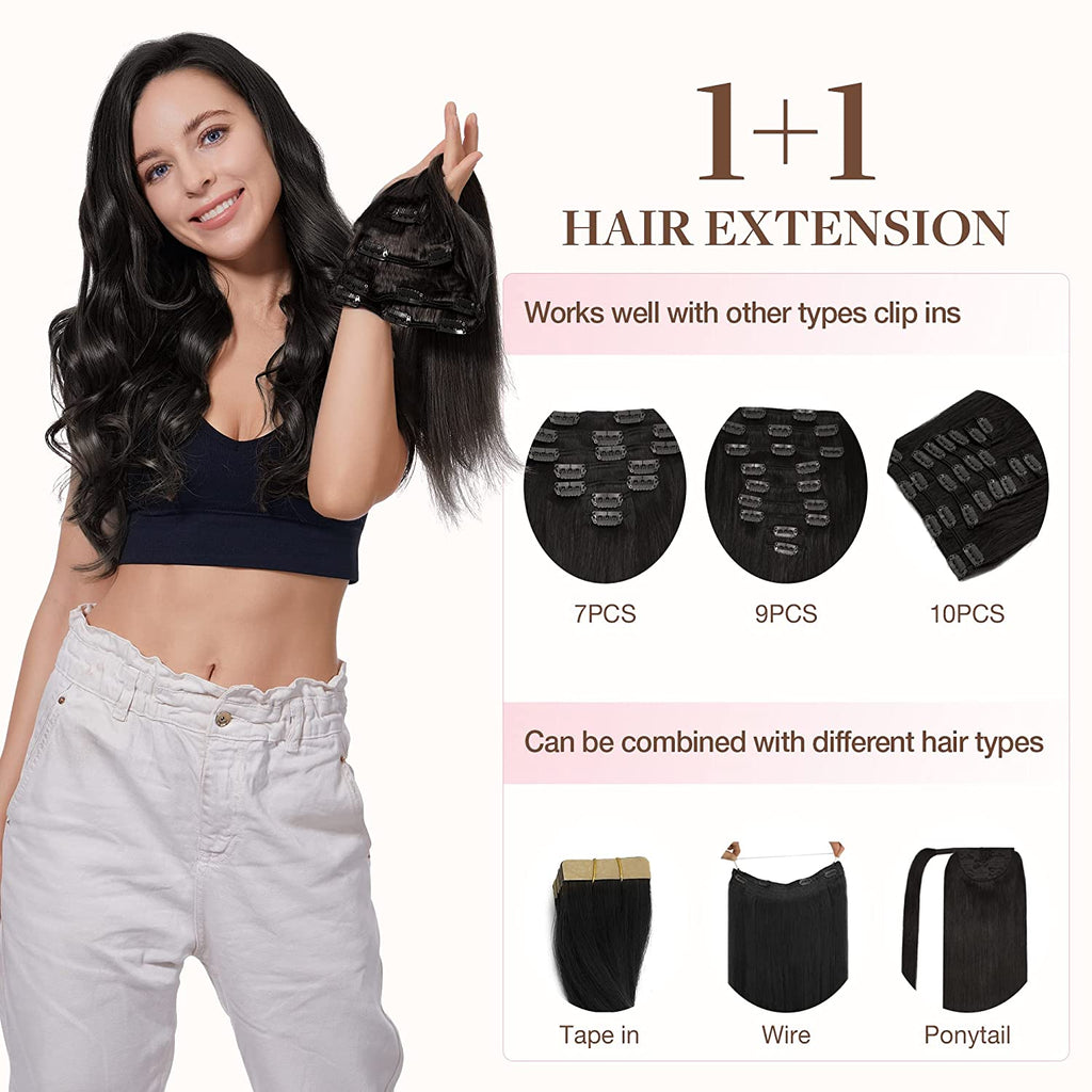 GOO GOO Hair Extensions Clip in Hair Extensions, 100% Real Human Hair, 65G 4Pcs Natural Silky Straight Hair Extensions, Long Hair for Women, Natural Black #1B 16Inch