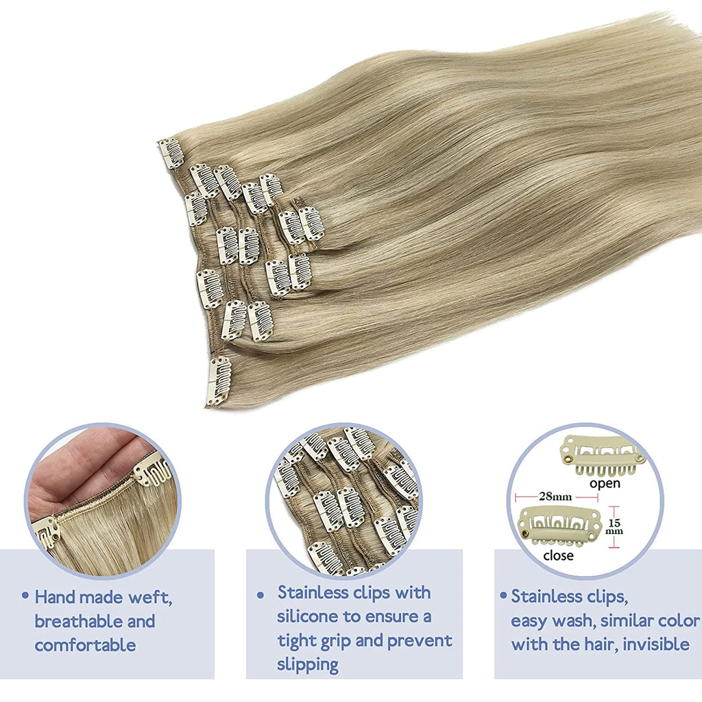 GOO GOO Hair Extensions, Clip in Hair Extensions Ash Blonde Highlighted Platinum Blonde 120G 7Pcs 14 Inch Remy Human Hair Extensions Straight Thick Natural Hair Extensions for Women