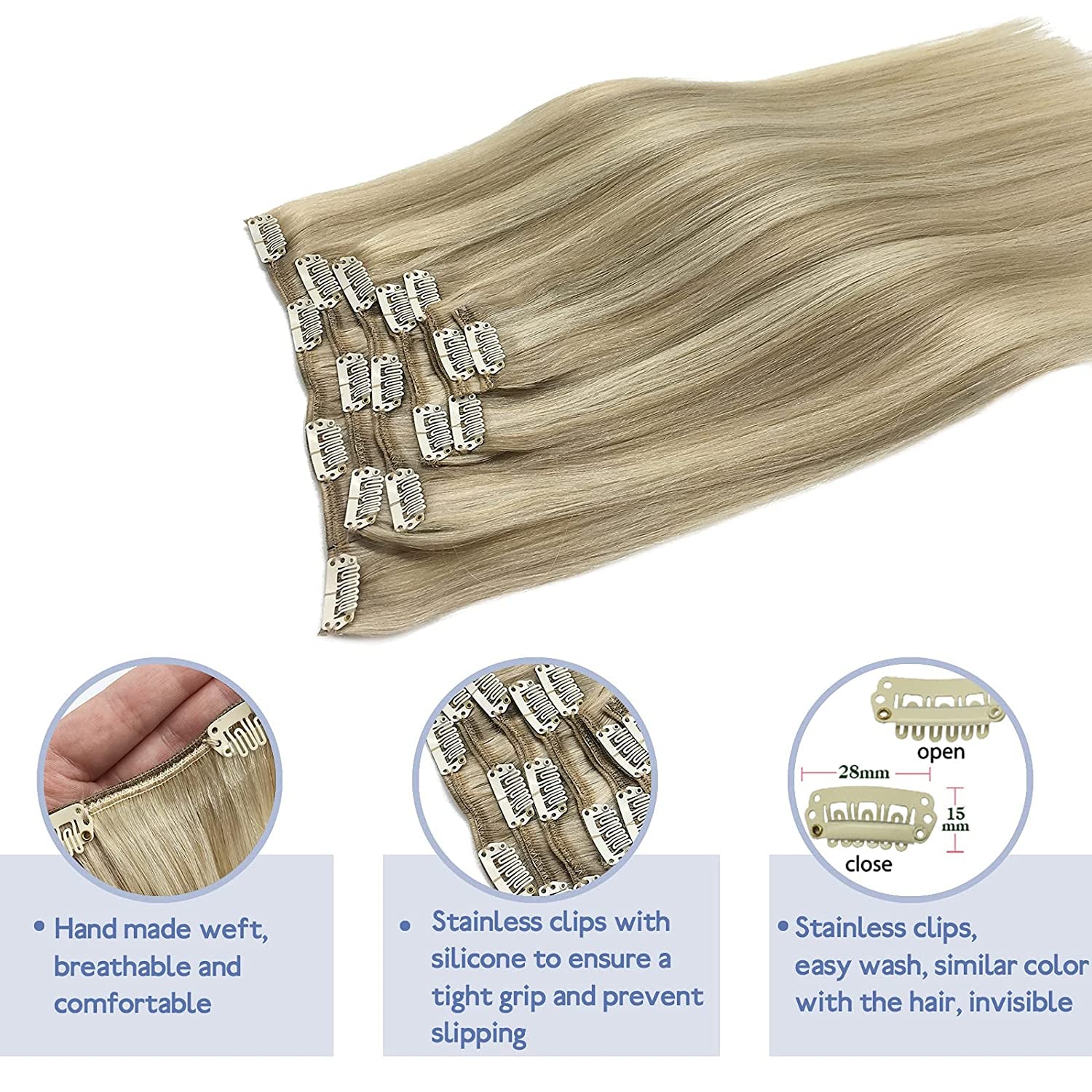 GOO GOO Hair Extensions, Clip in Hair Extensions Ash Blonde Highlighted Platinum Blonde 120G 7Pcs 14 Inch Remy Human Hair Extensions Straight Thick Natural Hair Extensions for Women