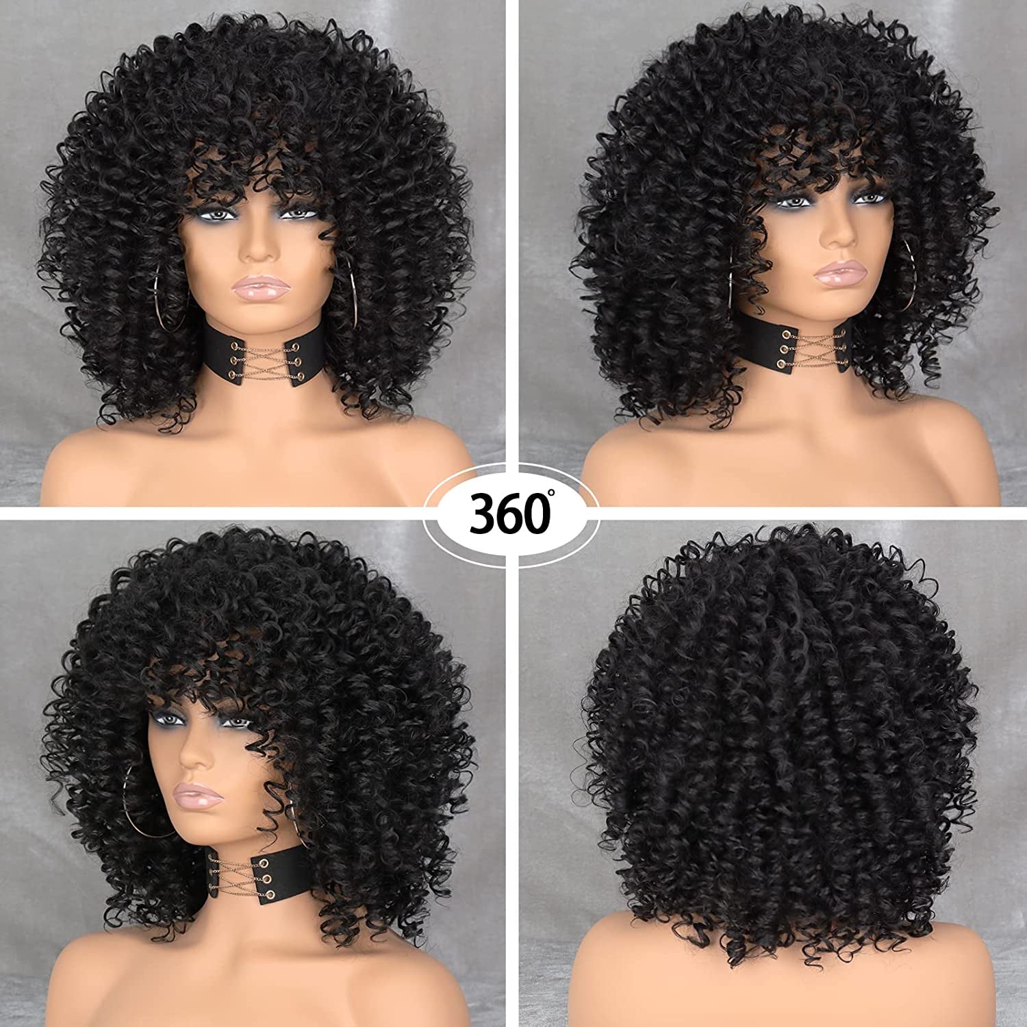 Xinran Black Curly Afro Wig for Women, Kinky Black Curly Wigs for Women, Natural Synthetic Curly Wig with Bangs