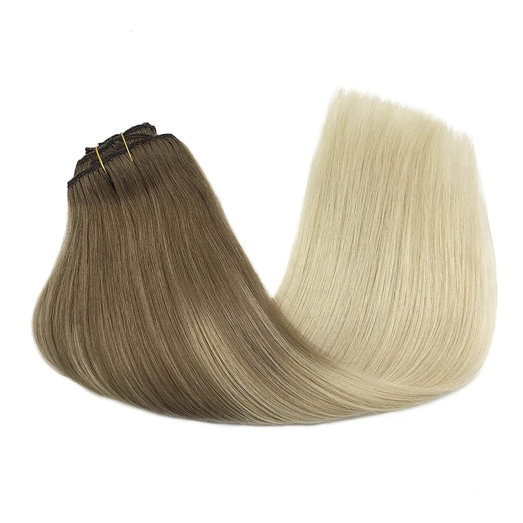 GOO GOO Clip-In Hair Extensions for Women, Soft & Natural, Handmade Real Human Hair Extensions, Ombre Ash Brown to Platinum Blonde, Long, Straight #T9/60, 7Pcs 120G 20 Inches