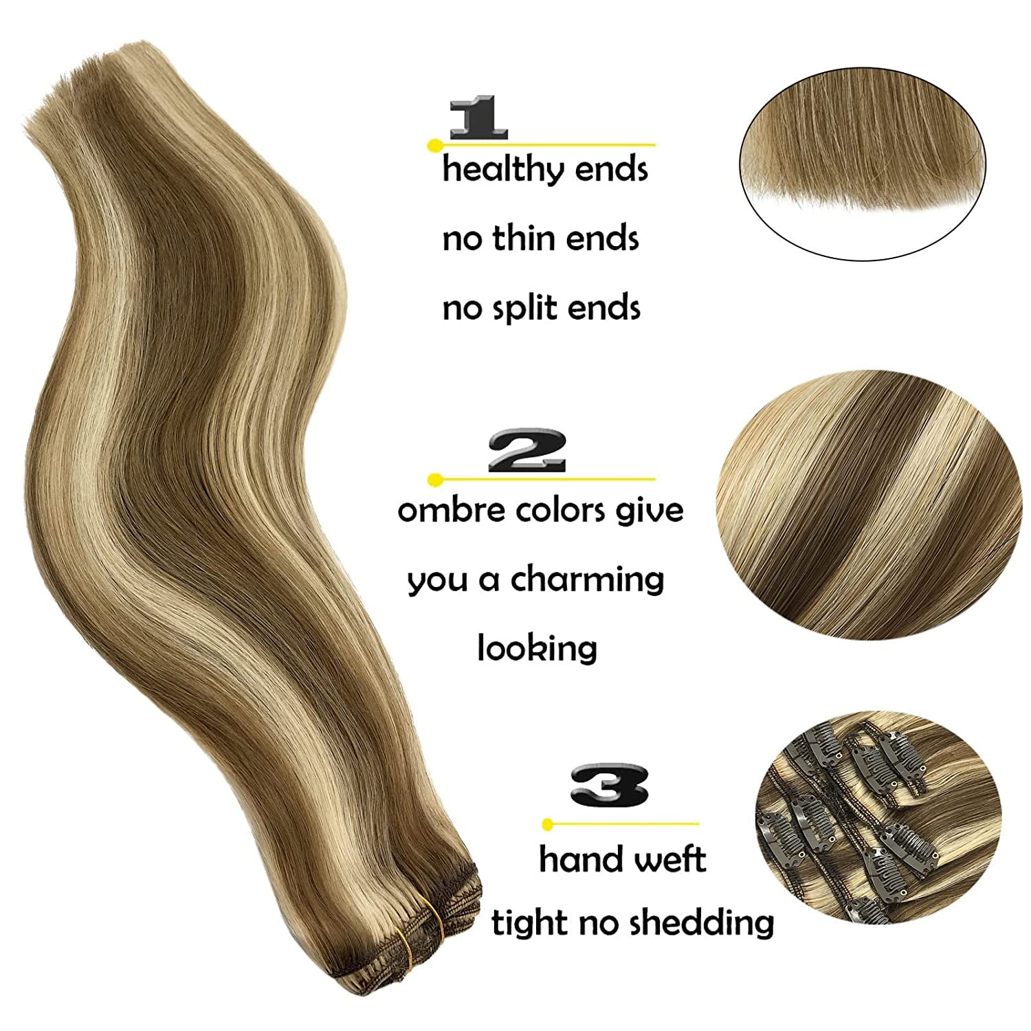 GOO GOO Hair Extensions 7Pcs 120G 20 Inch Medium Brown Highlighted Golden Blonde Clip in Hair Extensions Real Human Hair Natural Hair Clip in Extensions Straight Hair Extensions