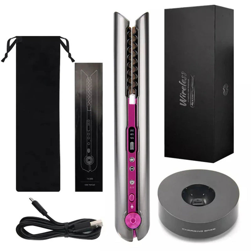 Wireless Hair Straightener with Charging Base Flat Iron Mini 2 in 1 Roller USB 4800Mah Portable Cordless Curler Dry and Wet Uses