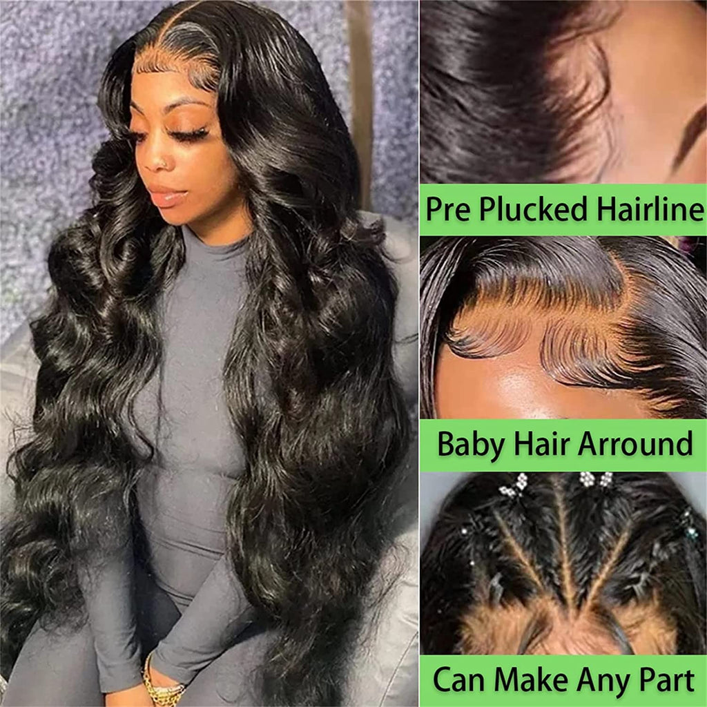 26 Inch Body Wave Lace Front Wigs Human Hair Pre Plucked 180% Density 13X4 HD Lace Front Wigs for Women Glueless Wigs Black Unprocessed Brazilian Virgin Human Hair with Baby Hair Bleached Knots