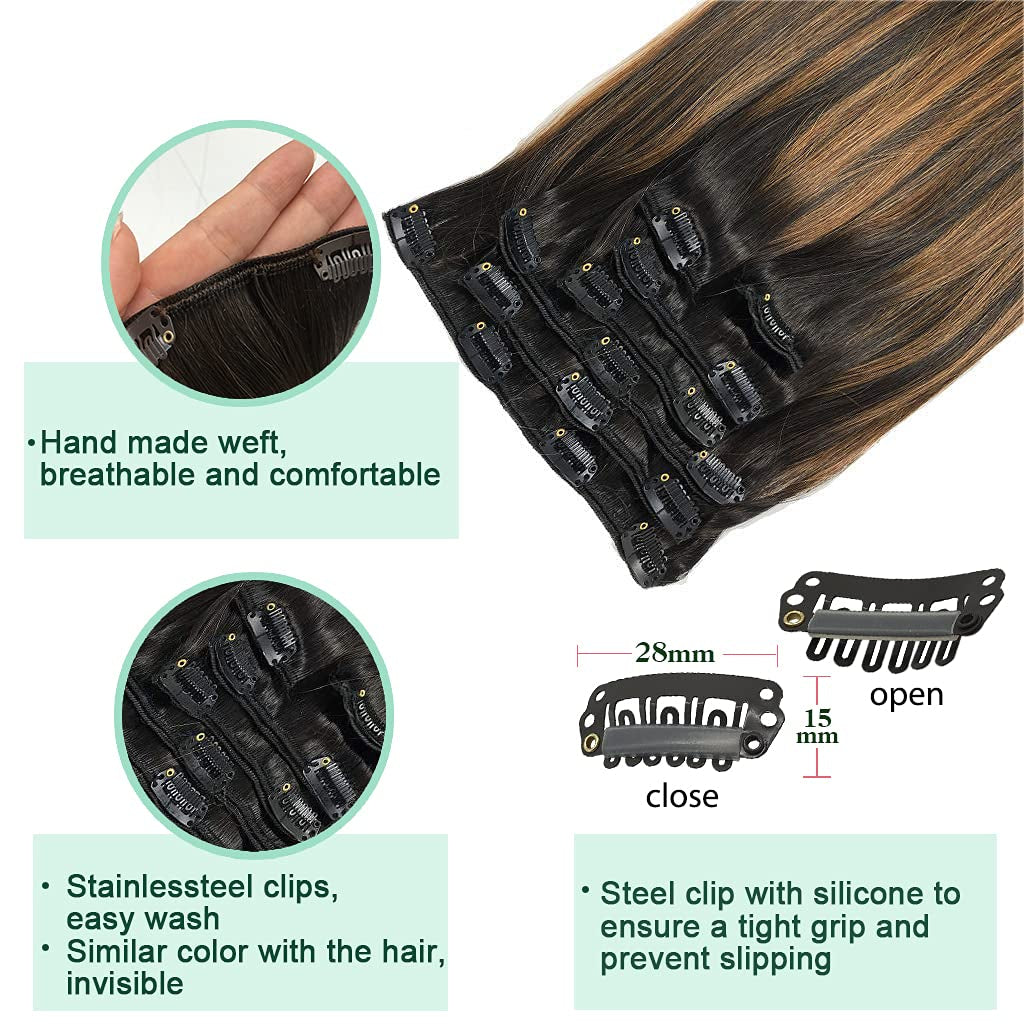 GOO GOO Clip-In Hair Extensions for Women, Soft & Natural, Handmade Real Human Hair Extensions, Natural Black Mixed Chestnut Brown, Straight #(T1B/6)/1B, 7Pcs 120G 20 Inches
