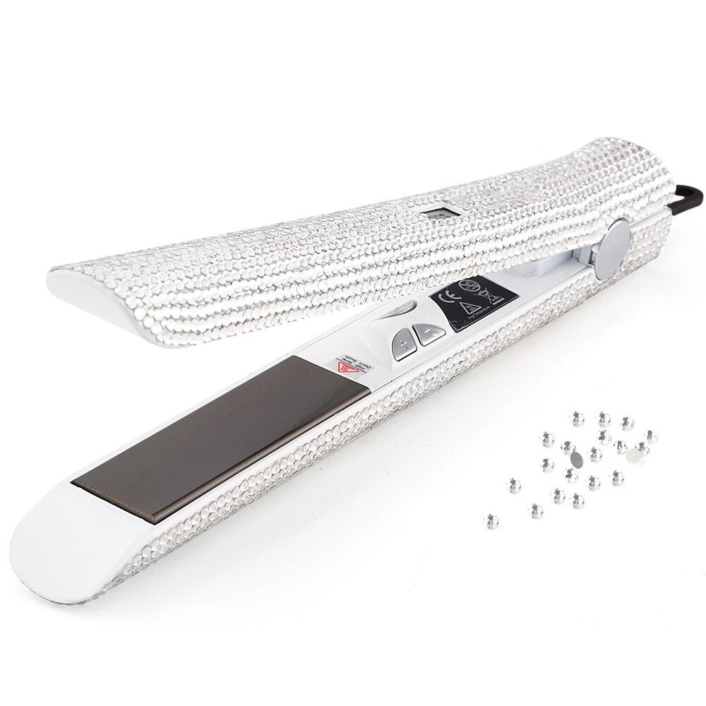 Titanium Rhinestone Flat Iron Professional Hair Straightener White Hand Made Crystal Straightening Irons High Heat 470 Degrees