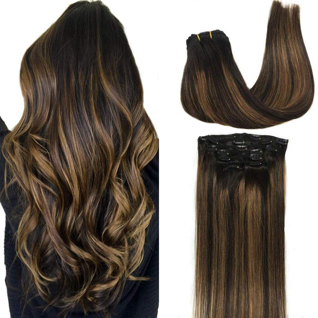 GOO GOO Clip-In Hair Extensions for Women, Soft & Natural, Handmade Real Human Hair Extensions, Natural Black Mixed Chestnut Brown, Straight #(T1B/6)/1B, 7Pcs 120G 20 Inches