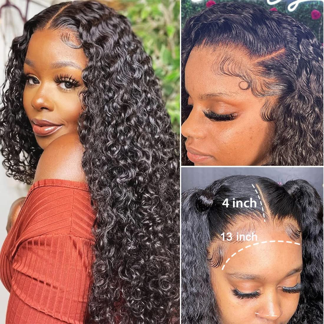 Lace Front Wigs Human Hair Water Wave Wigs for Black Women Human Hair 13X4 Lace Front Wigs Glueless Wigs Pre Plucked with Baby Hair HD Transparent Lace Frontal Wigs Wet and Wavy Brazilian Virgin Wigs Curly Lace Front Wig Natural Color 180% Density 28 Inch