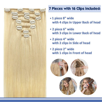 Real Hair Extensions Clip in Human Hair Bleach Blonde 7Pcs  display picture 1