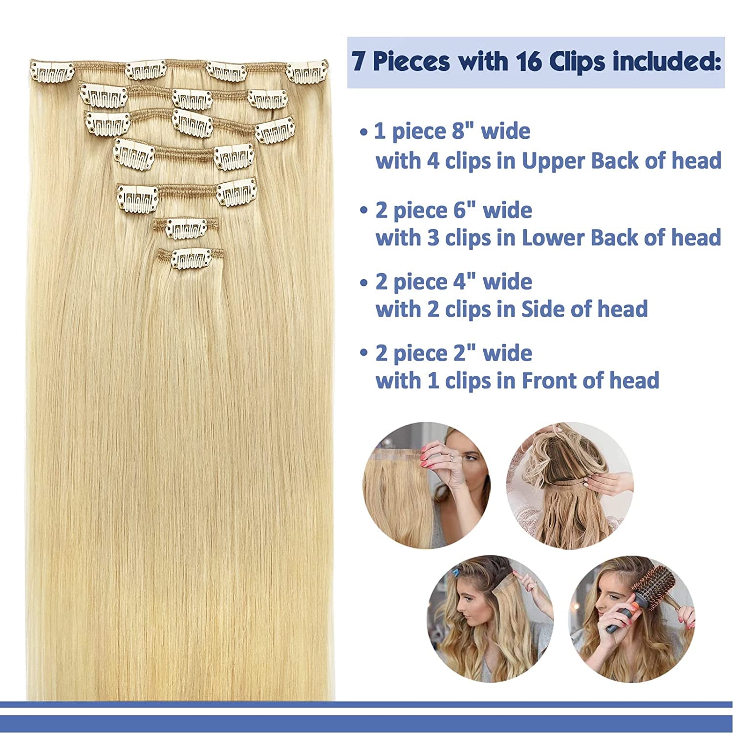 GOO GOO Real Hair Extensions Clip in Human Hair Bleach Blonde 7Pcs 120G 18 Inch Clip in Hair Extensions Human Hair Straight Hair Estensions Remy Hair Extensions for Women