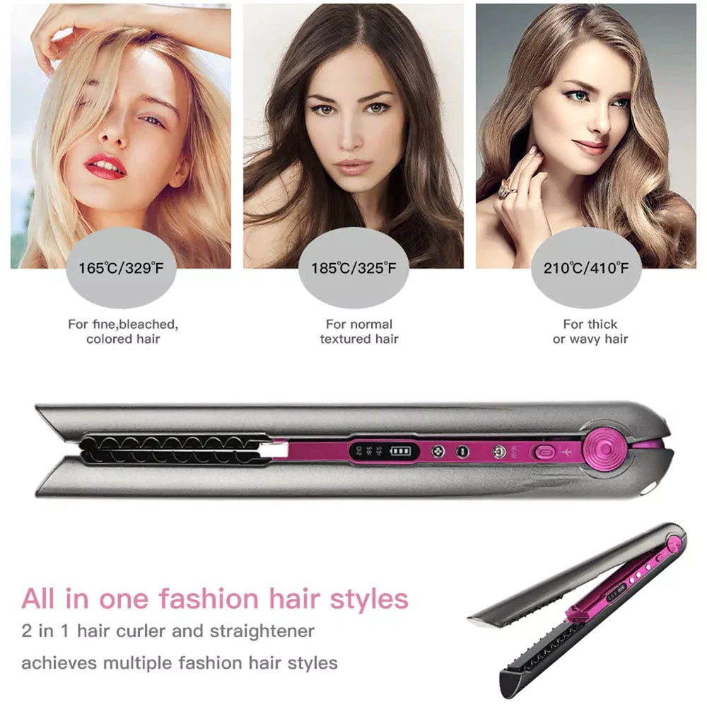 Wireless Hair Straightener with Charging Base Flat Iron Mini 2 in 1 Roller USB 4800Mah Portable Cordless Curler Dry and Wet Uses