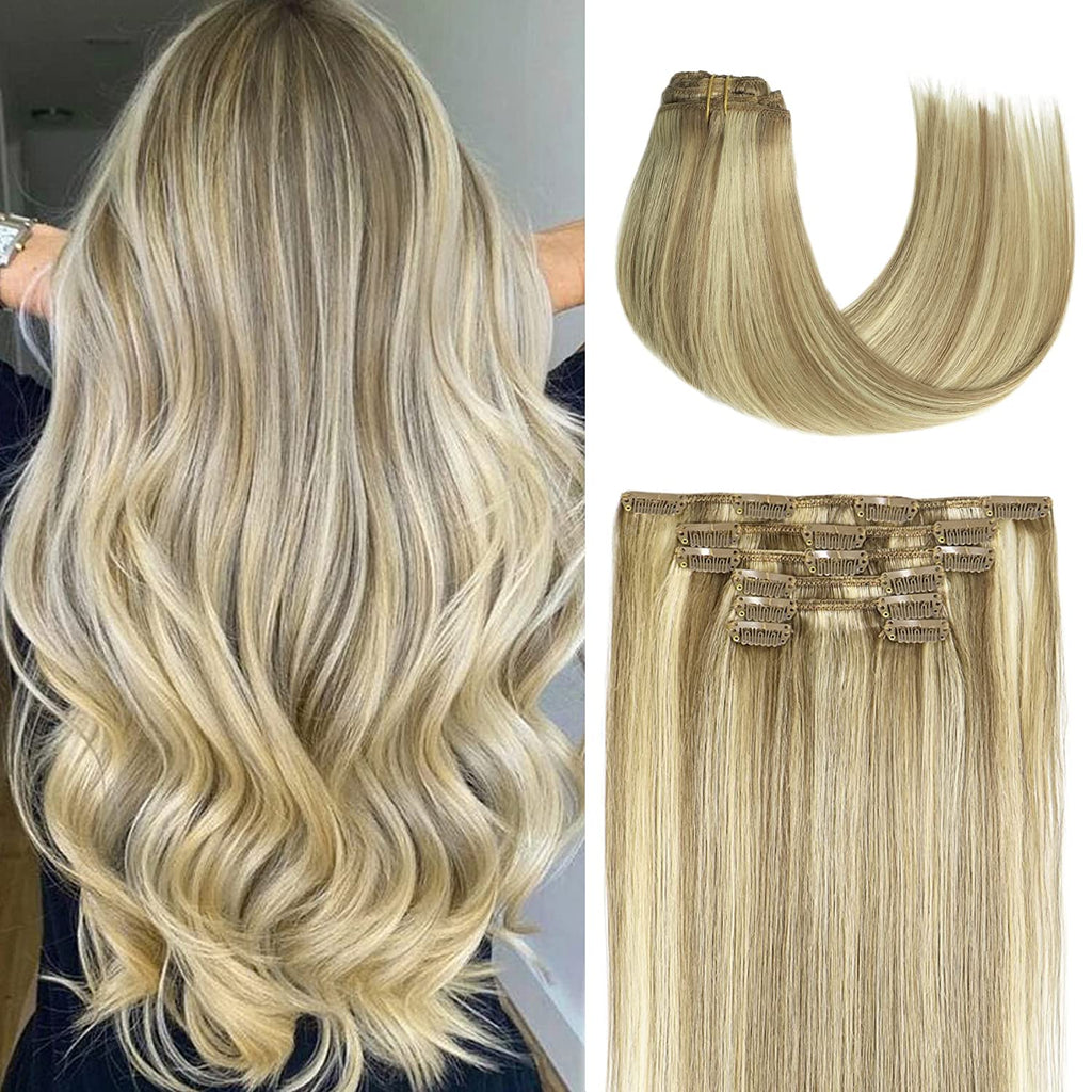 Clip in Hair Extensions Real Human Hair,  Real Human Hair Balayage Hair Extensions Mixed Bleach Blonde 12Inch 70G 7Pcs Straight Silky Blonde Hair Extensions for Women Natural Hair(12"#18613)