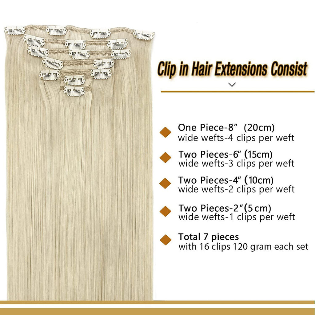 GOO GOO Clip-In Hair Extensions for Women, Soft & Natural, Handmade Real Human Hair Extensions, Platinum Blonde, Long, Straight #60A, 7Pcs 120G 20 Inches