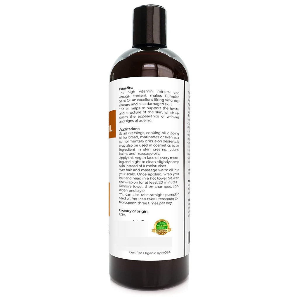 Pumpkin Seed Oil USDA Certified Organic - 16 oz | 100% Pure and Natural Carrier Oil | Unrefined, Cold Pressed | Cooking, Face, Hair, Body & Skin Care | Organic Hair Growth Serum - Brilliance 